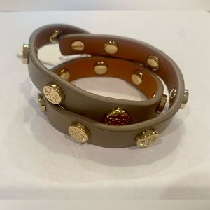 Tory Burch Double-Wrap Logo Stud Bracelet. Taupe/Light Grey with Gold Studs